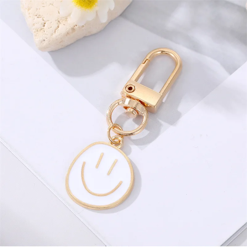 Cute Smile Face Keychain Yellow Pink Blue Black Enamel Metal Key Ring Bag Accessories For Women