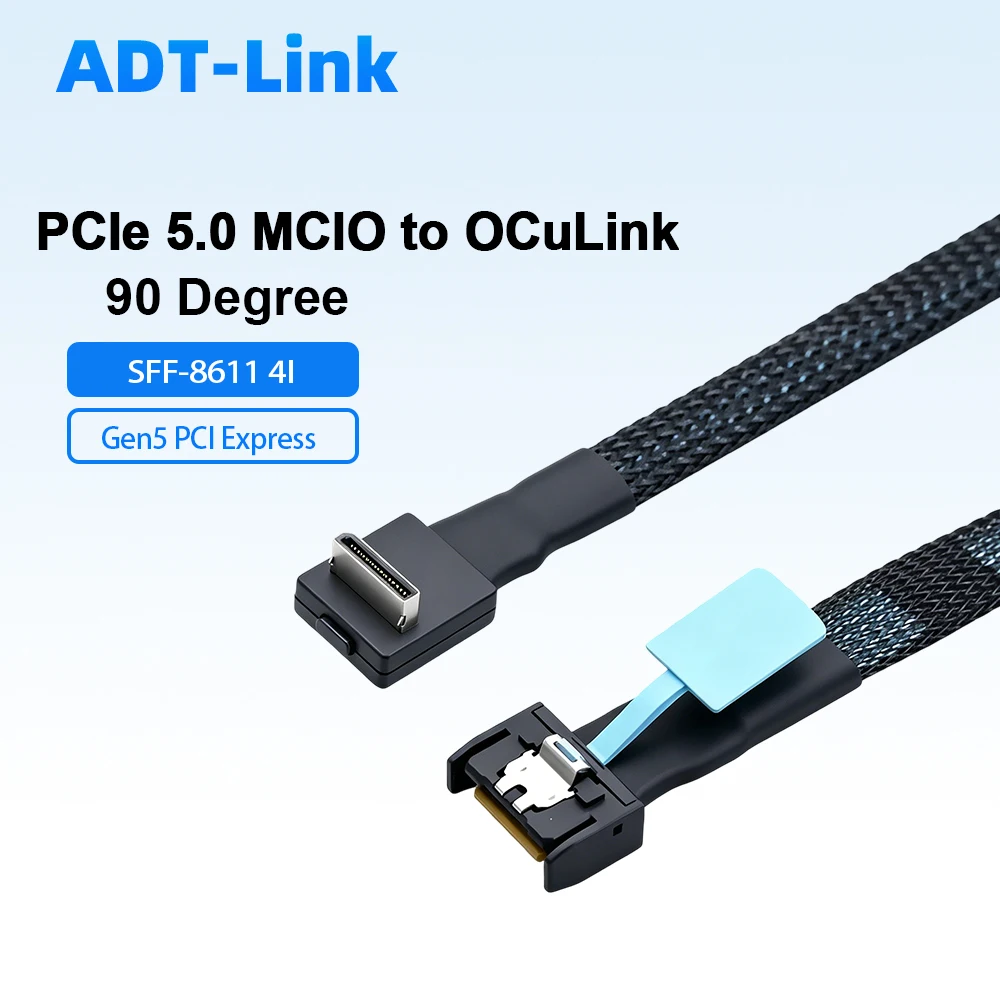 

1m Gen5 PCIe 5.0 MCIO 4I 38Pin (SFF-TA-1016) to 90 Degree OCuLink SFF-8611 4I Server NVMe SSD High Speed Data Cable 100cm