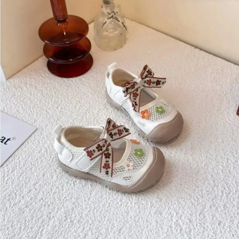 Girls' Floral Mesh Shoes Children's School Uniform Dress Bow Tie Mary Jane Flats Toddler/toddler Flats Baby Walking Shoe