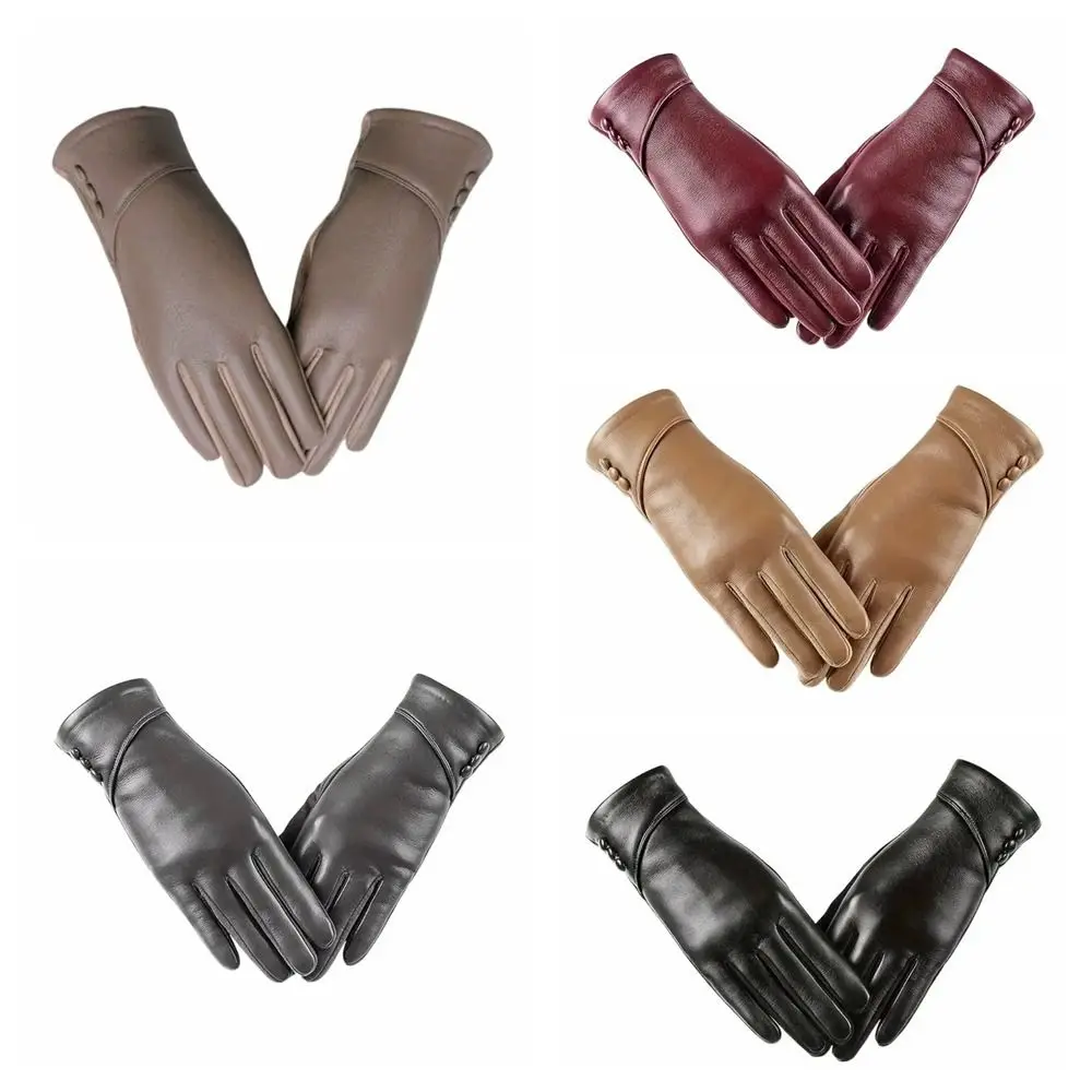 أزياء بلون كامل فنجر القفازات بو سميكة النساء قفازات جلدية زر الدفء قفازات شاشة اللمس السيدات #5
