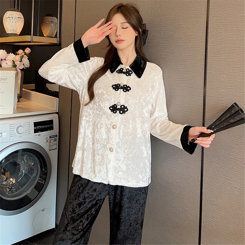 Autumn Winter Women 2PCS Pajamas Set Fashion Velvet Sleepwear Trouser Suits Loose Velour Home Clothes Lounge Wear