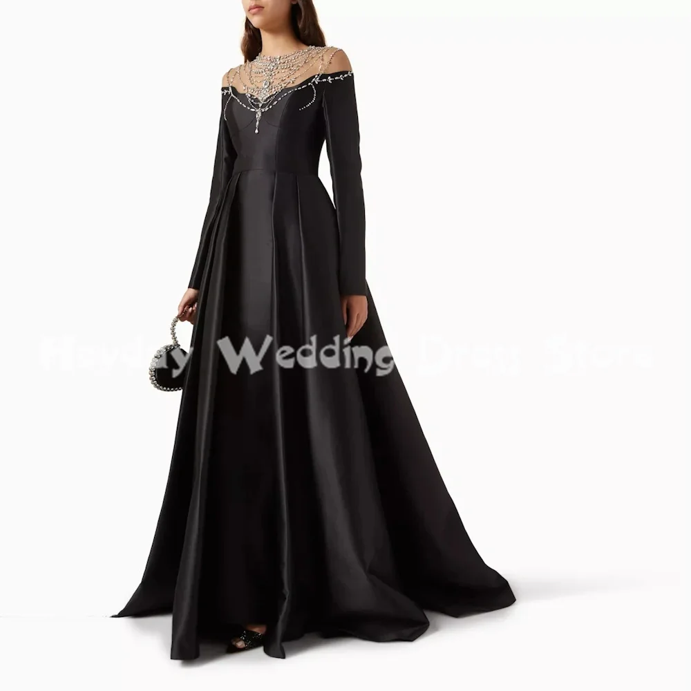 

Heyday Customized Women's O-neck A Line Beaded Saudi Luxury Evening Dresses With Long Sleeves Floor-Length Elegant Dresses 2025