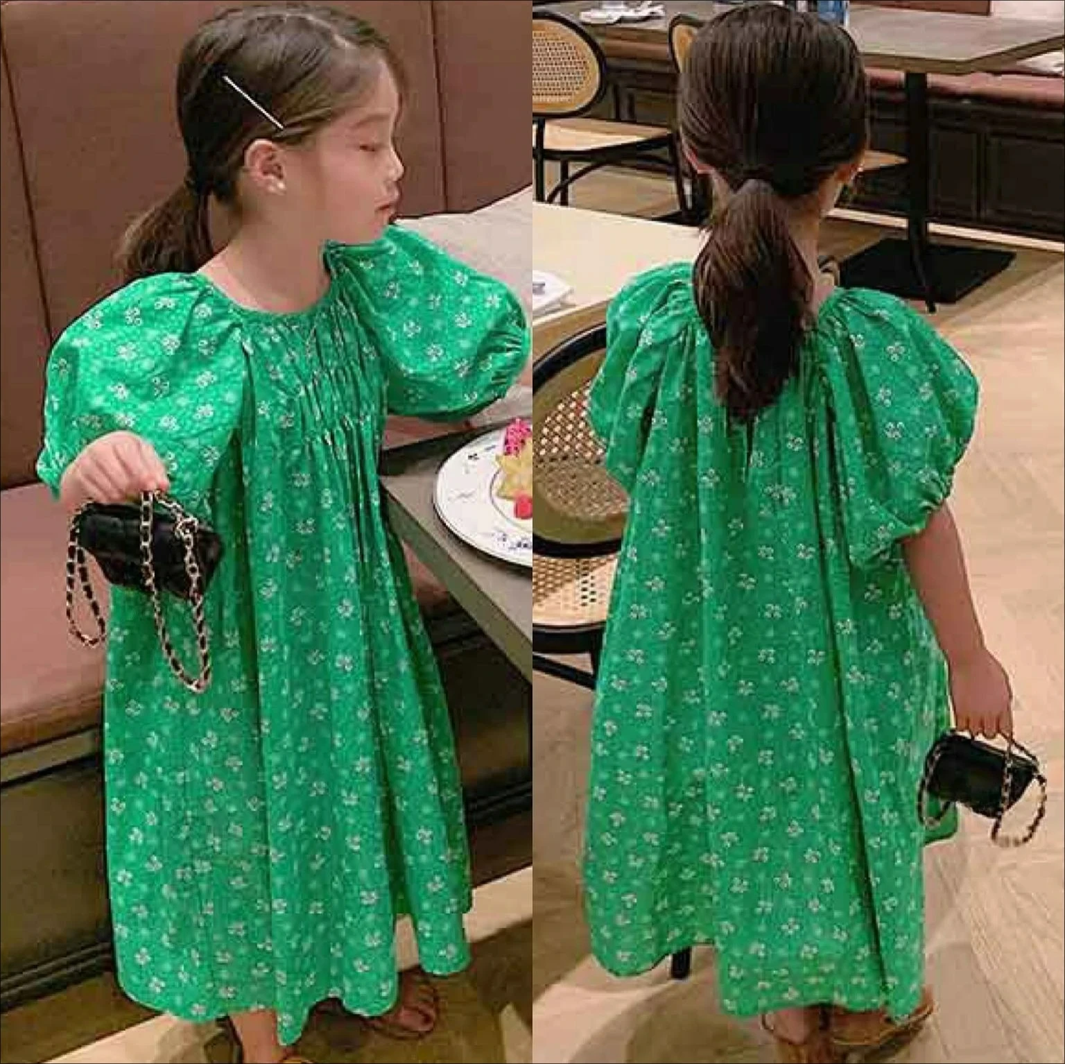 Summer Girls' Green Floral Dress - Korean & Japanese Bubble Sleeves Cotton Casual Cool Comfort Outfit for Toddler Kids 2-7 Years