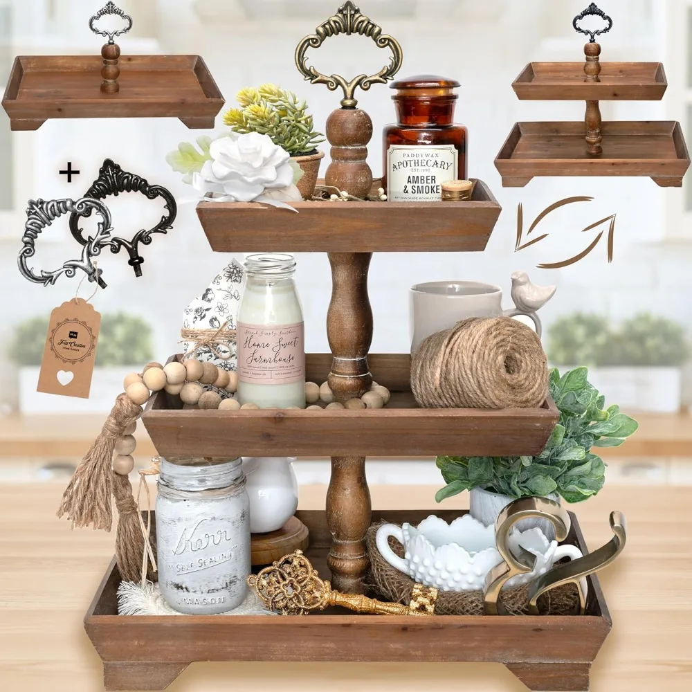 

3 Tier Serving Tray [3 in 1] - Gorgeous Coffee Table Tray [Includes 3 Changeable Handles] - Can Assemble into a 1