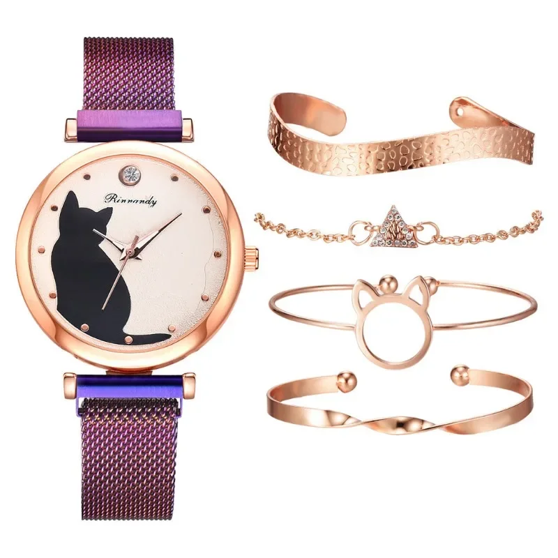 1/5 pçs conjunto gato feminino relógio pulseira liga cinta bonito dos desenhos animados padrão relógios de pulso luxo quartzo pulseiras mostrador aço inoxidável