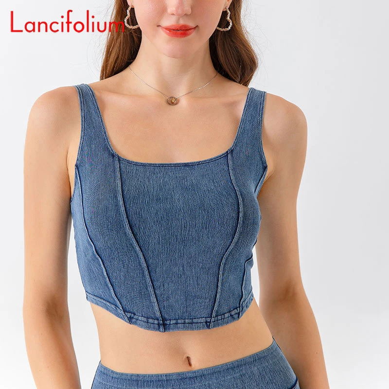 Y2k Sexy Denim Yoga Sports Tank Women Stitch U-shaped Stretch Slim Beauty Back Wear Quick-drying Fitness Corset Crop Top Tanks