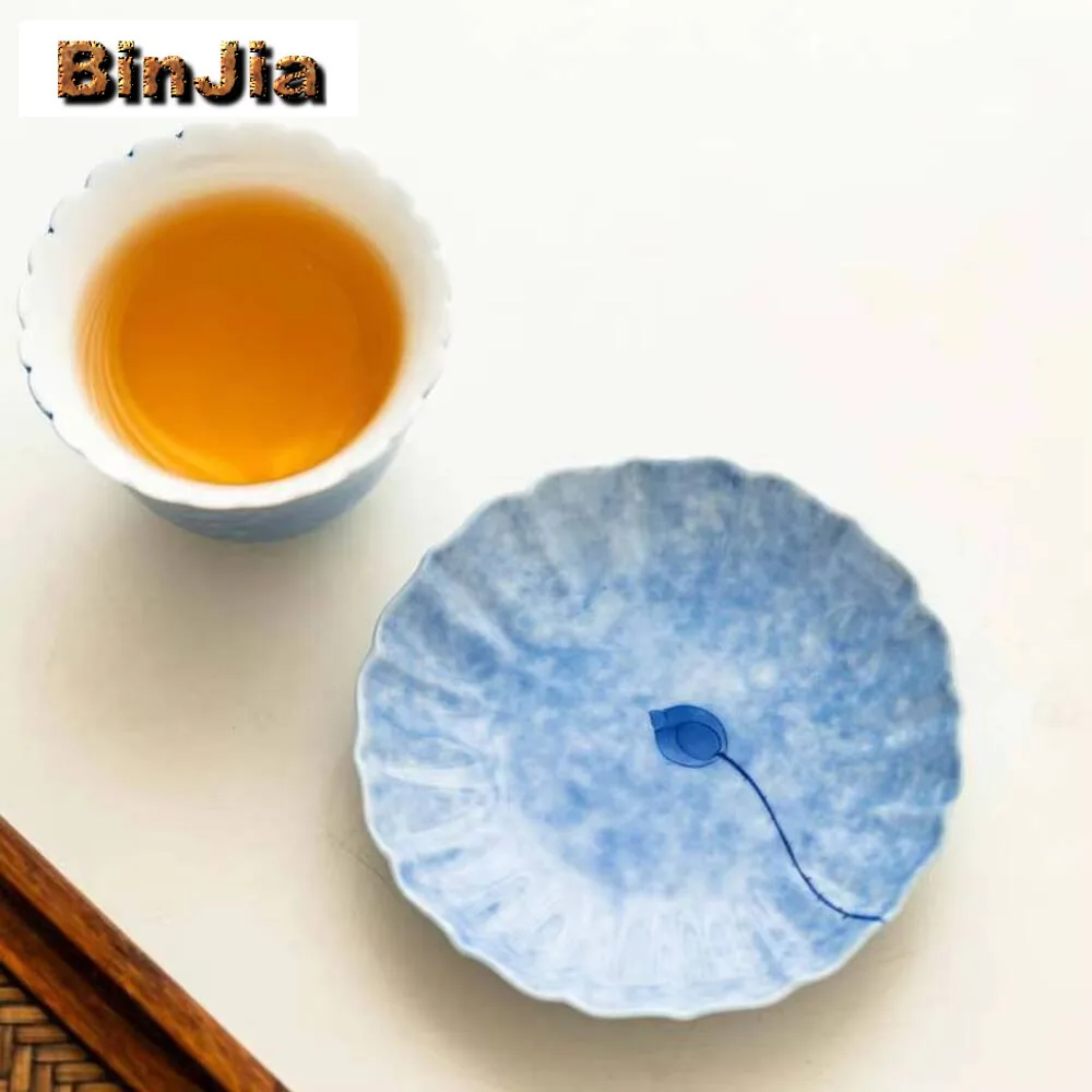 2 قطعة/مجموعة الوقايات اللوتس الزرقاء المرسومة يدويًا لأكواب القهوة المنزلية العزل الحراري المفارش شاي بالأعشاب المزهرة اكسسوارات هدية