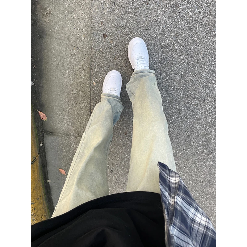 

Мужские джинсы прямого кроя в стиле ретро, с подкладкой, цвет желтый грязь, осенне-зимняя коллекция, модные длинные брюки прямого кроя