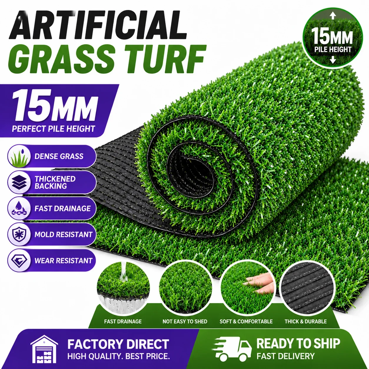 15mm Artificial Grass Turf Mat Thick Realistic Fake Lawn Rug Drainage Synthetic Grass for Garden Patio Balcony Dogs Pets Outdoor
