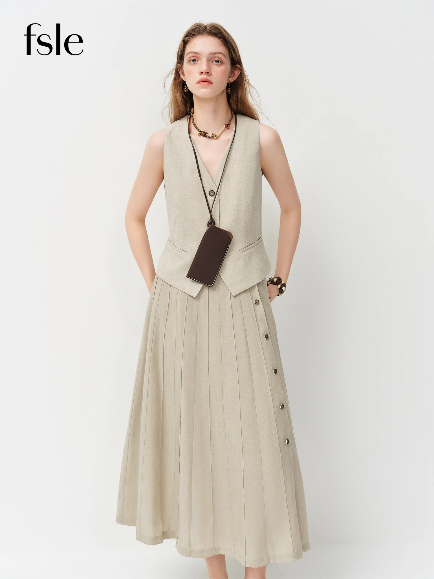 FSLE Old Money Style V-neck Vest for Women Summer 2026 New Style Hemp Skirt Sets Vintage Streetwear Simple