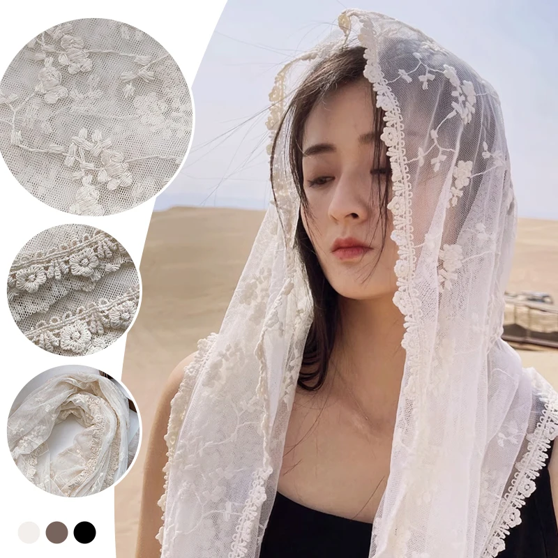 Versatile Vintage Hollow Lace Scarf Women's Shawl Scarf Transparent White Gauze Embroidered Thin Cotton and Linen Spring Autumn