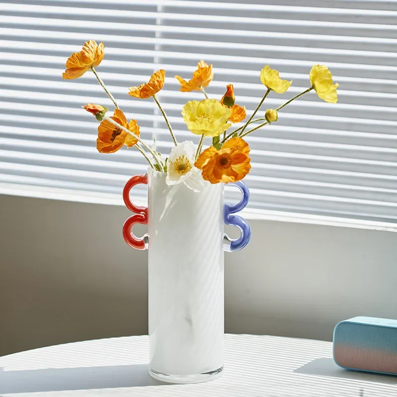 *Yd^ Creative Handcrafted Colorful Handle Glass Vase Straight-tube Flower Vase Hydroponics Terrarium Home Decoration Accessories