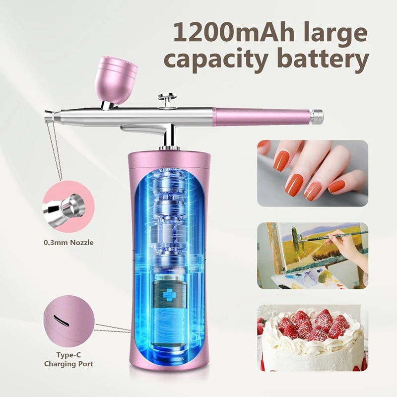 ABRW Rechargeable Air Brush Painting Set for Nails with 32 Psi Compressor 0.3mm Nozzle for Makeup Pink