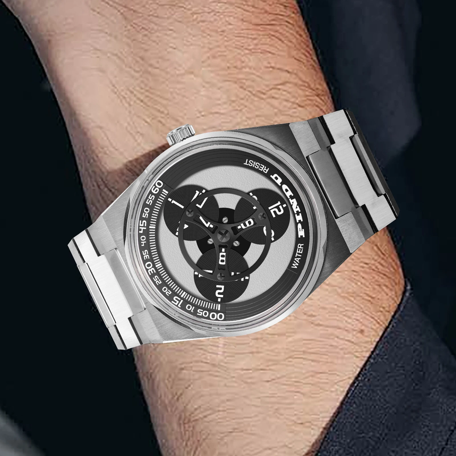 PINDU Men's New Automatic Watch Steel Strap Business Men's Watch 50m Waterproof Folding Buckle Strap