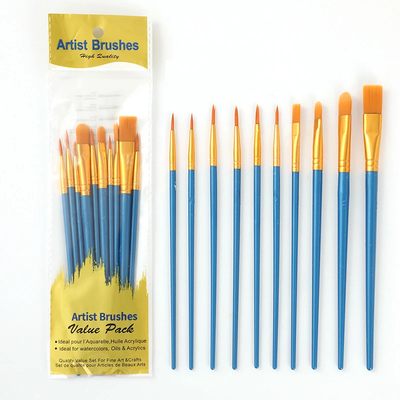 10Pcs Pearlescent Plastic Rod Oil Brush Set Nylon Bristle Children's Painting Pen Oil Painting and Gouache Pen Set