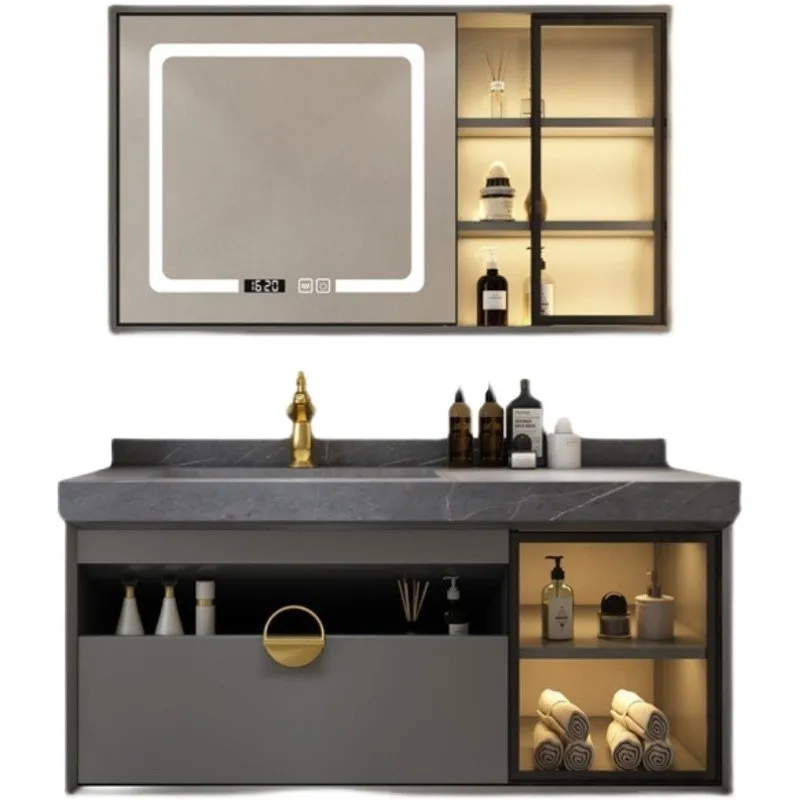 

Light luxury slate integrated basin bathroom cabinet combination Italian minimalist washbasin solid wood bathroom smart