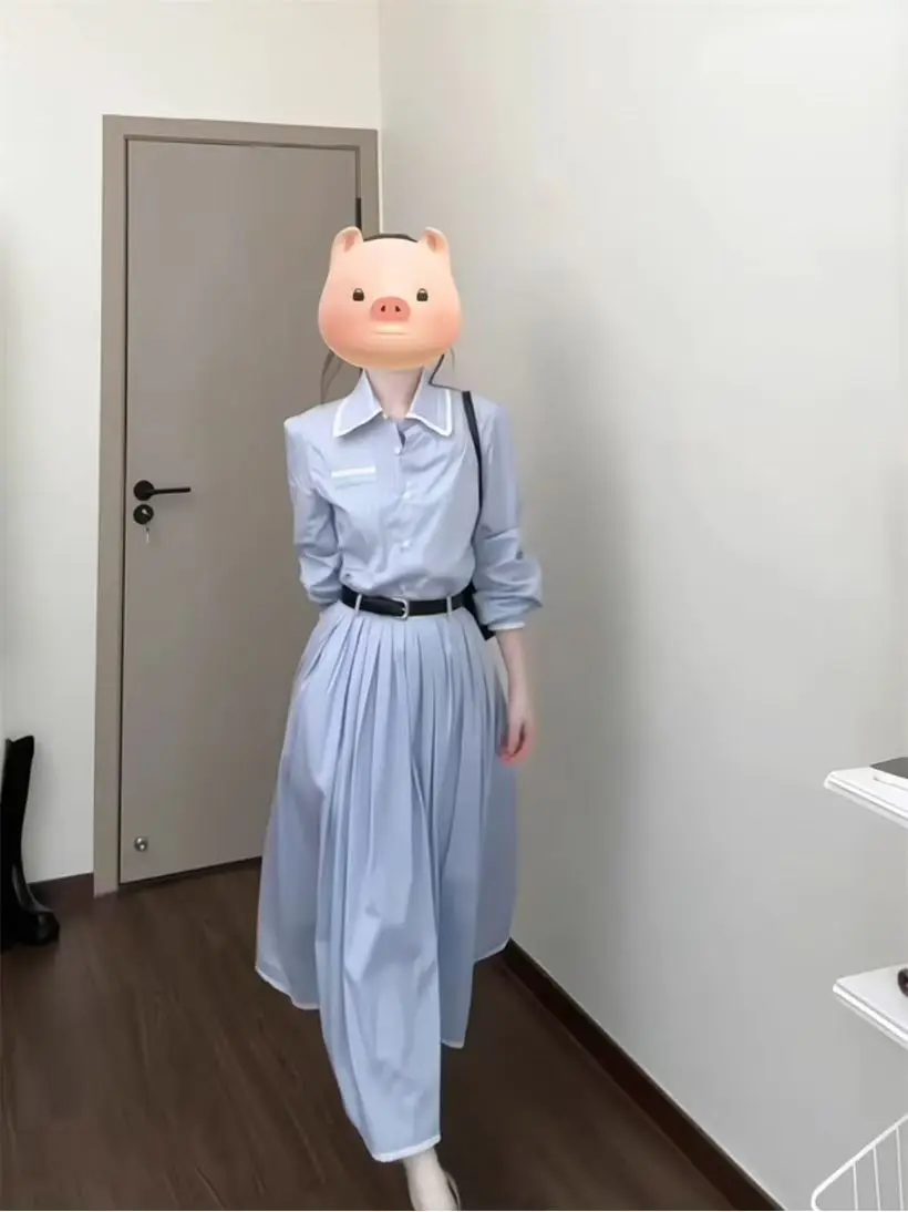 Blauw Gestreepte Polo Kraag Zoete Preppy Stijl Elegante Casual Vrouwen Lange Shirts Jurken Button Up Geplooide Jurk High Street Fashion