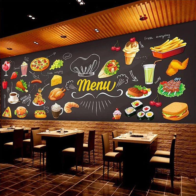 Personalized Blackboard Graffiti Food Mural Wallpaper Cake Shop Cafe Hamburger Shop Restaurant Photo Wallpaper Wall Covering 3D