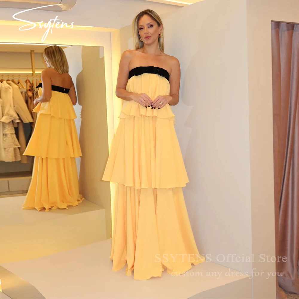 

SSYTENS Yellow Strapless Evening Dresses Layered Wedding Prom Dress Party Guest Gowns Women Customized Special Occasion Dress