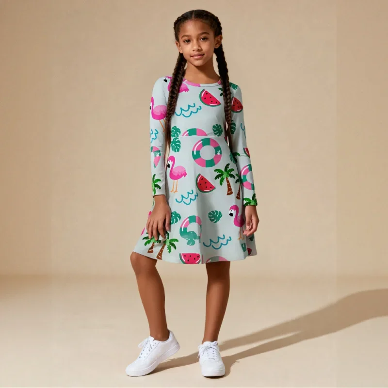 Girls2025 Cross-border Hot-selling Summer Beach Element Long-sleeved Dress, Flamingo Watermelon Print, Children's Clothing Dress