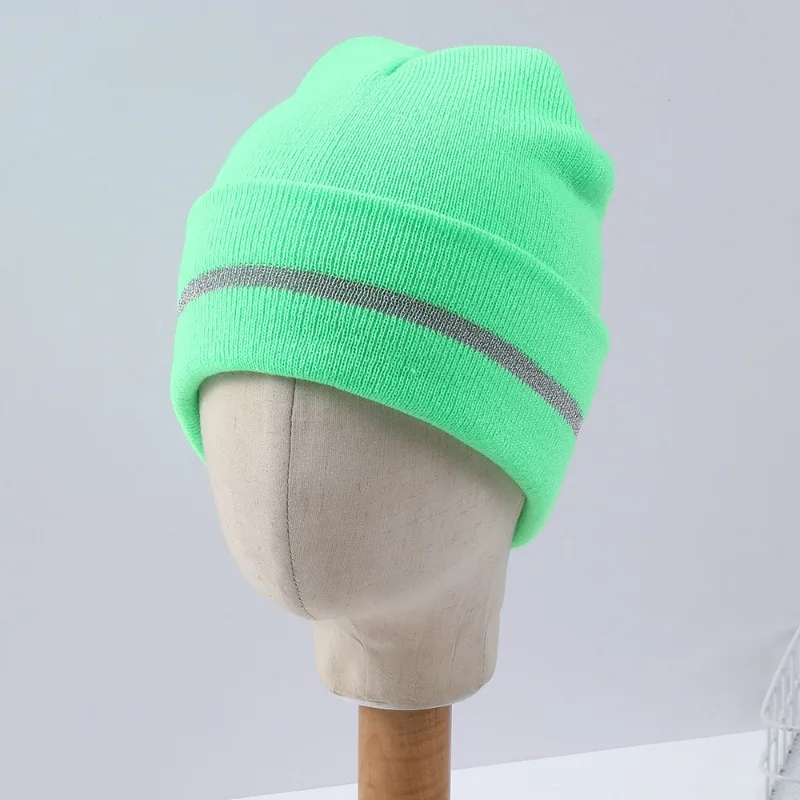 Reflective Strip Solid Color Knitted Hat Trendy Bright Fluorescent Outdoor Riding Patrol Protective Warm Knitted Hat Unisex