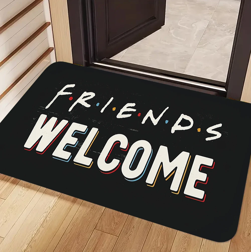 Home Bar Word - ウェルカム＆フレンズ テーマ カーペット マット ラグ カラフルなワードクラウドとクラシックなテレビ番組のプリントが施されたスタイリッシュな家の装飾、玄関用