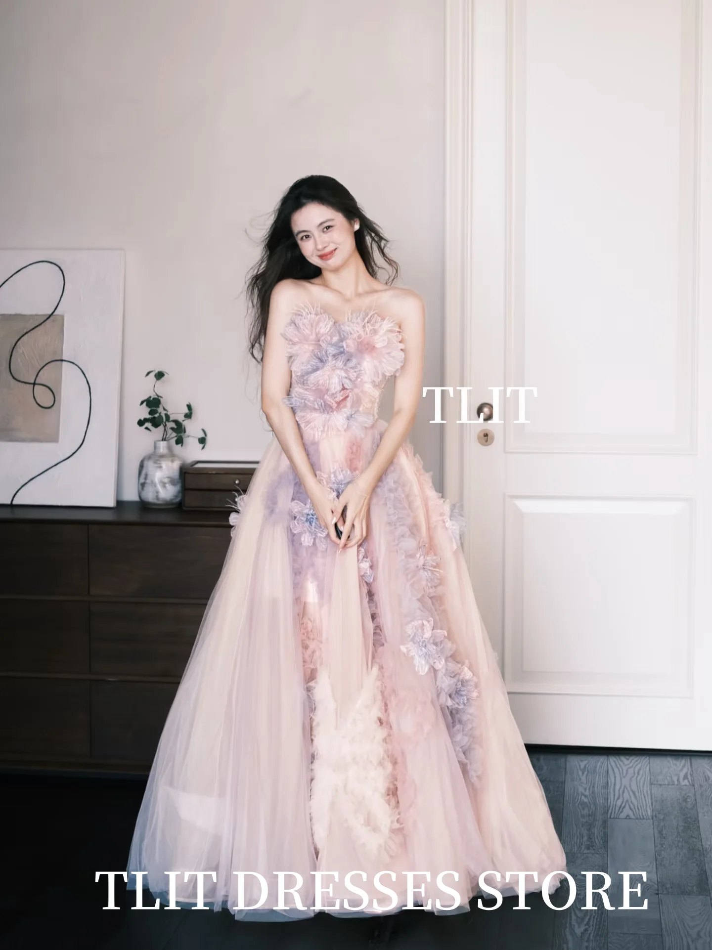 TLIT Fairy Candy Color Tulle Evening Dress Korea Wedding Dress Photo Shoot Strapless Appliques Flowers Prom Gowns Customized