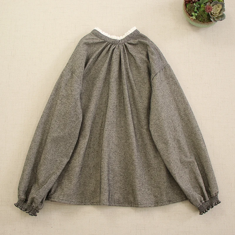 Japanese Mori Girl Vintage Single Breasted Cotton Shirts Women Spring New Stand Collar Long Sleeve Casual Loose Shirt Tops