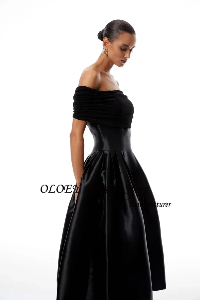 OLOEY Modern Black Satin Evening Dresses A-Line Off Shoulder Beaded Lace-up Simple Party Dress Tea Length Prom Gown