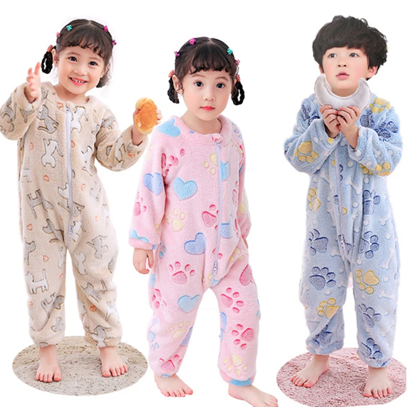 Baby Children Jumpsuits Sleeping Wear Toddler Kids Flannel Romper Long Sleeve Autumn Winter Cute Printed Clothing 2 to 4 Years