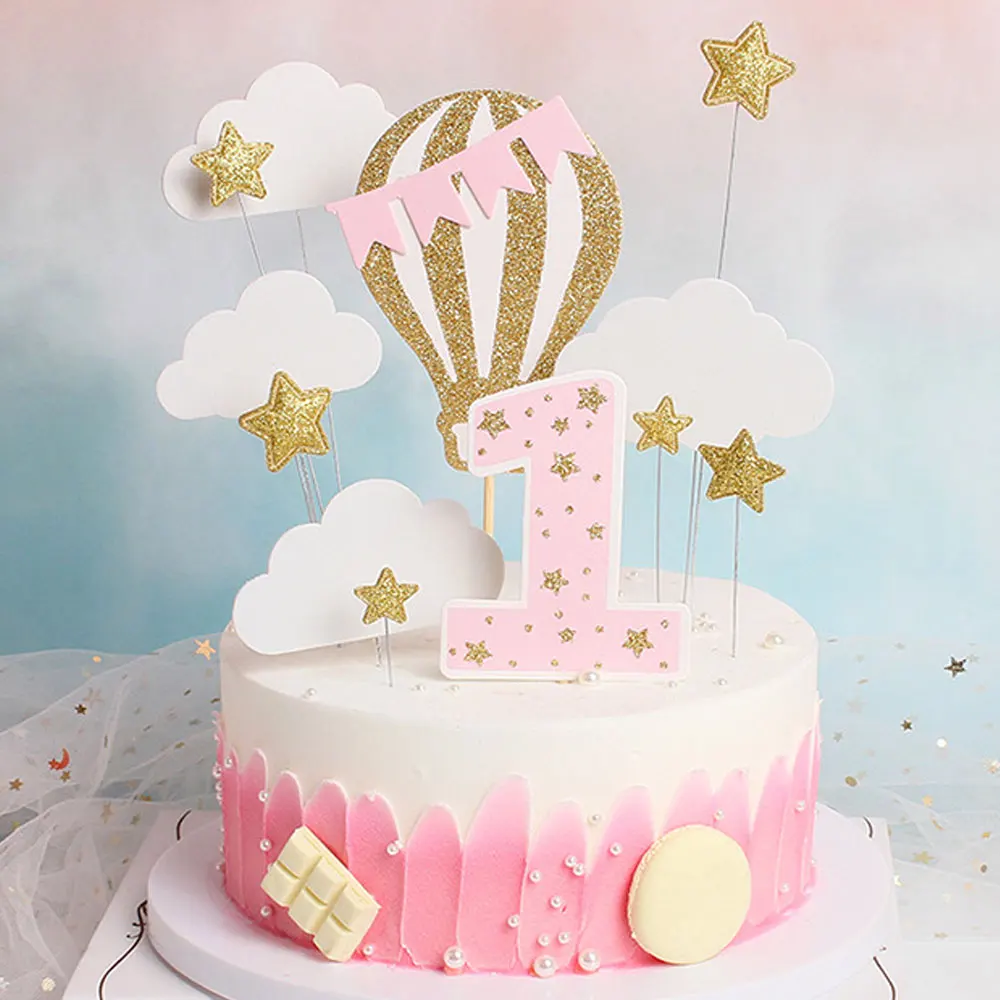12pcs Hot Air Balloons 1st Birthday Cake Toppers Gold Star White Cloud Number 1 Cake Topper for First Birthday Baby Shower Decor
