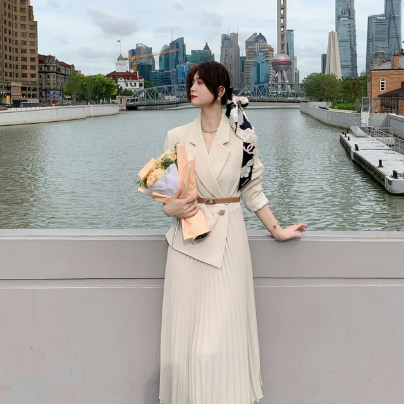 Women Blazer Dress 2024 Autumn New Korean Fashion Suit Spliced Pleated Long Dress Elegant Women Stylish Outfit OL Vintage Dress