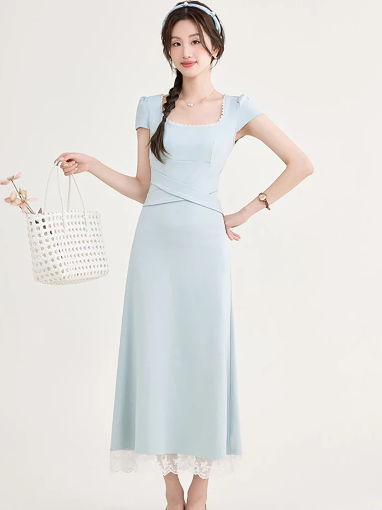 Zomer blauwe bodycon bandage lange jurk vrouwen korte mouw vierkante kraag chique kant lange jurk 2025, Koreaanse vintage luxe vestidos