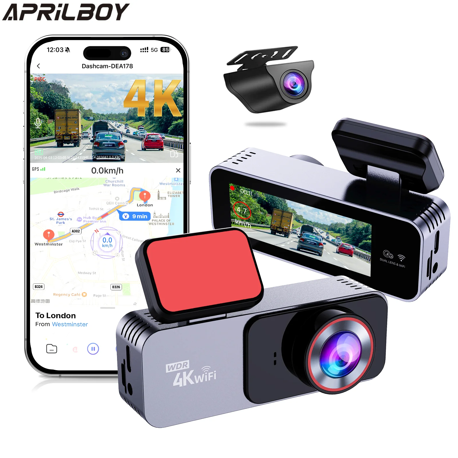 

Aprilboy 4K WiFi Dash Cam for Cars Front and Rear Dual Lens Auto Dashcam Time-lapse Video Support 24H Parking Monitor Black Box