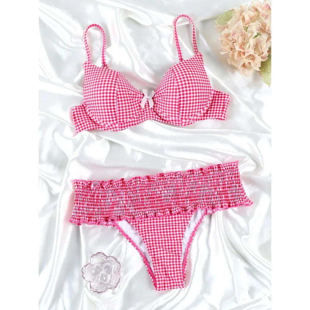 

Push Up Bikini Set Plaid Print Swimwear Sexy Swimsuit Women String Beachwear Pleated Bathing Suits Ruffle o