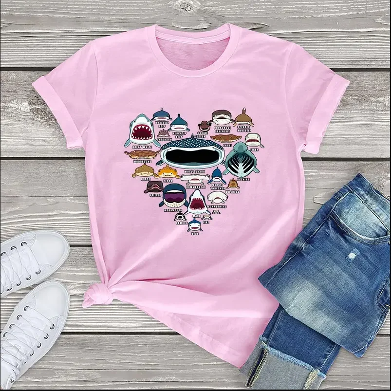 100 baumwolle t shirt frauen herz liebe shark gesichter kawaii gedruckt short-sleeve tee tops fashion t-shirt nette mädchen kleidung sommer