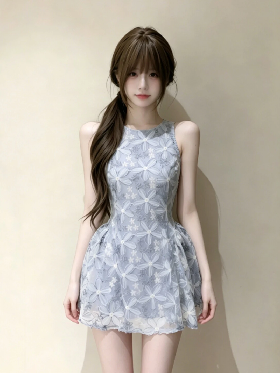 

Retro Unique Beautiful Puffy Short Skirt Dress for Small Stature Women Summer Fashionable High Waist Cotton Gauze Dress