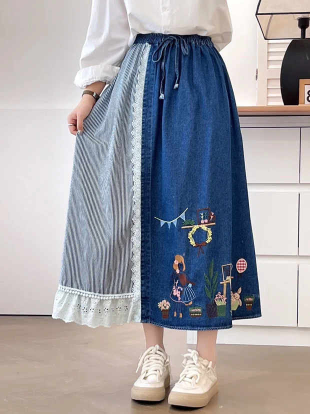 Mori Girl Vintage Plaid Striped Cartoon Embroidery Patchwork Cotton Skirts Women Autumn Elastic Waist Casual Loose Denim Skirt