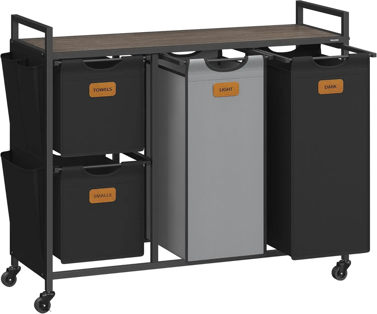 

4-Compartment Rolling Laundry Sorter with Shelves, 39.6 Gal Capacity, Chestnut Brown, Ink Black, Dove Gray