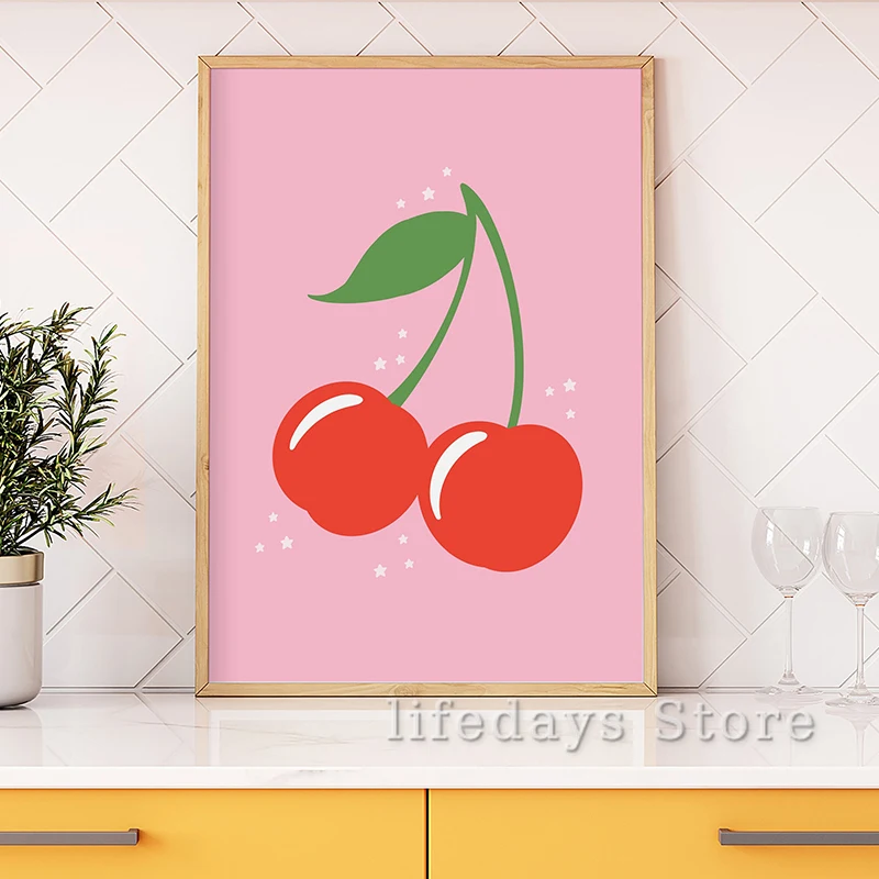 Canvas Painting Colourful Kitchen Shelves Poster Fruit Cherry Strawberry Mugs Coffee Tea Wall Art for Room Home Decor Wall Decor