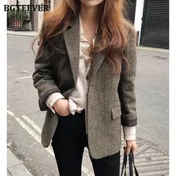BGTEEVER Stylish Single-breasted Female Woolen Jacket Autumn Winter Elegant Long Sleeve Thicken Women Blazer Coats