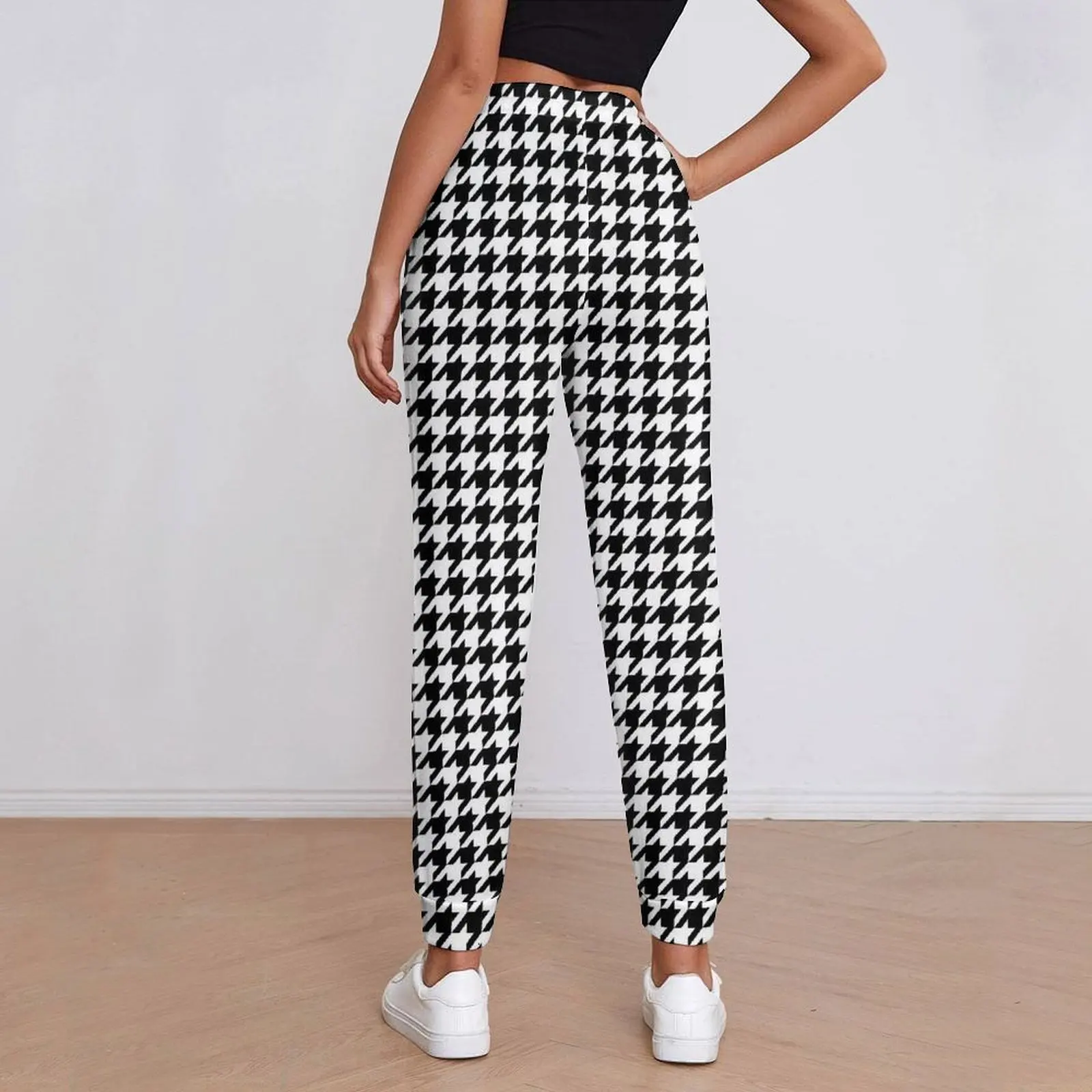 Houndstooth Check Pants Ladies Black And White Korean Fashion Sweatpants Spring Casual Graphic Trousers Big Size