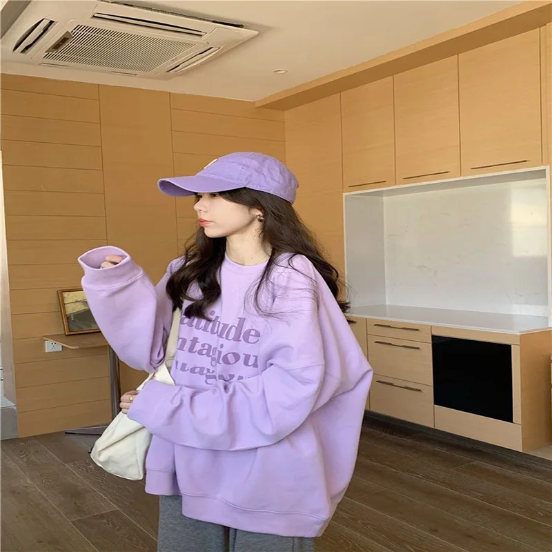 Fashion Solid Color Printing Letter Casual Sweatshirts Female Clothing 2023 Autumn Oversized Korean Tops All-match Sweatshirts