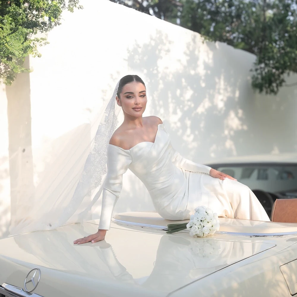 Customized Silk Satin Wedding Dress Off the Sleeve Mermaid Bridal Gown Long Sleeves Sweetheart Neck Saudi Arabia Wedding Dresses
