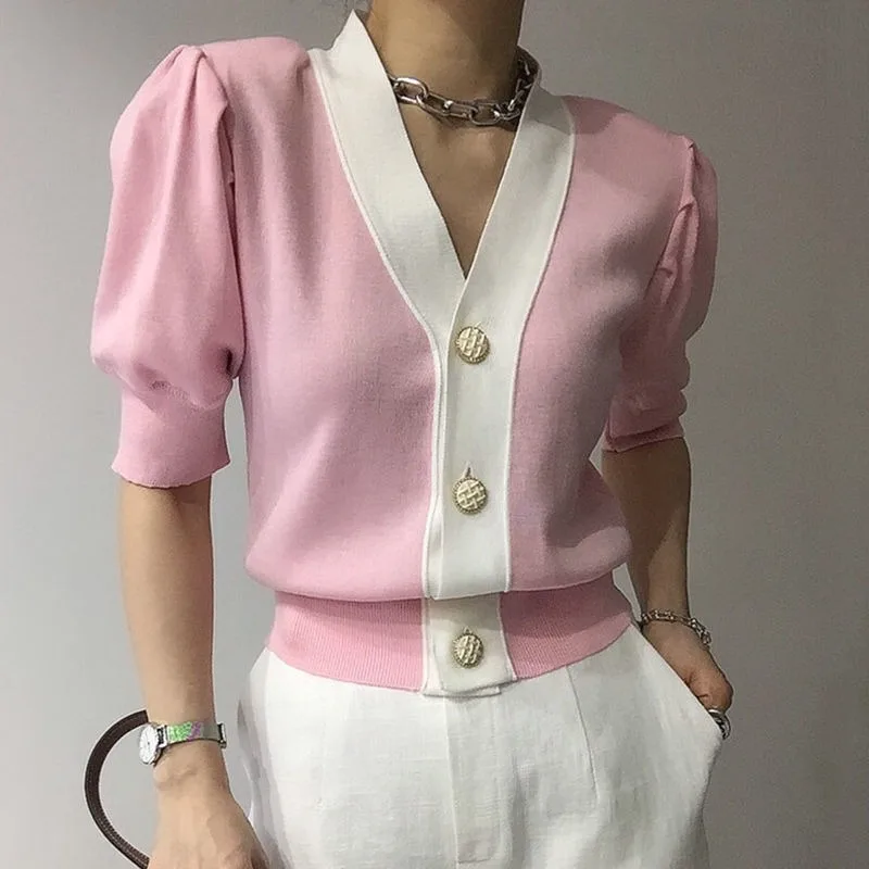 Summer Cardigan Korean Fashion Style Constrast Single Breasted Slim V Neck Feminino Pull Femme Short Sleeve Jacket Crop Top