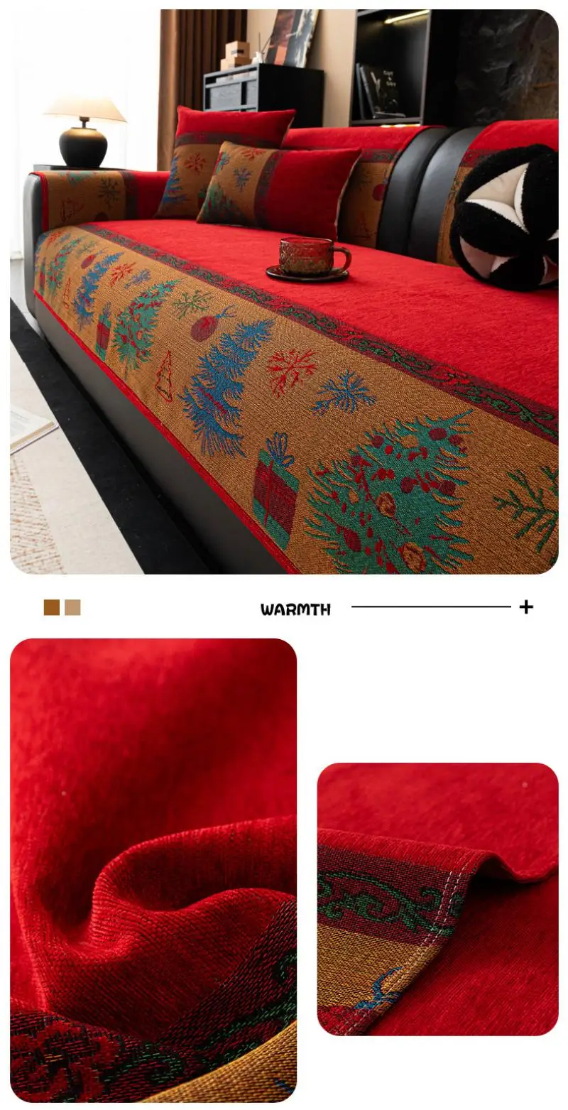 Weihnachtlicher Chenille-Sofabezug, Ganzjahres-Universalstoff, Rutschfester Sofabezug, Rundum-Schutz vor Katzenkratzern, Sofabezüge – Detail 4