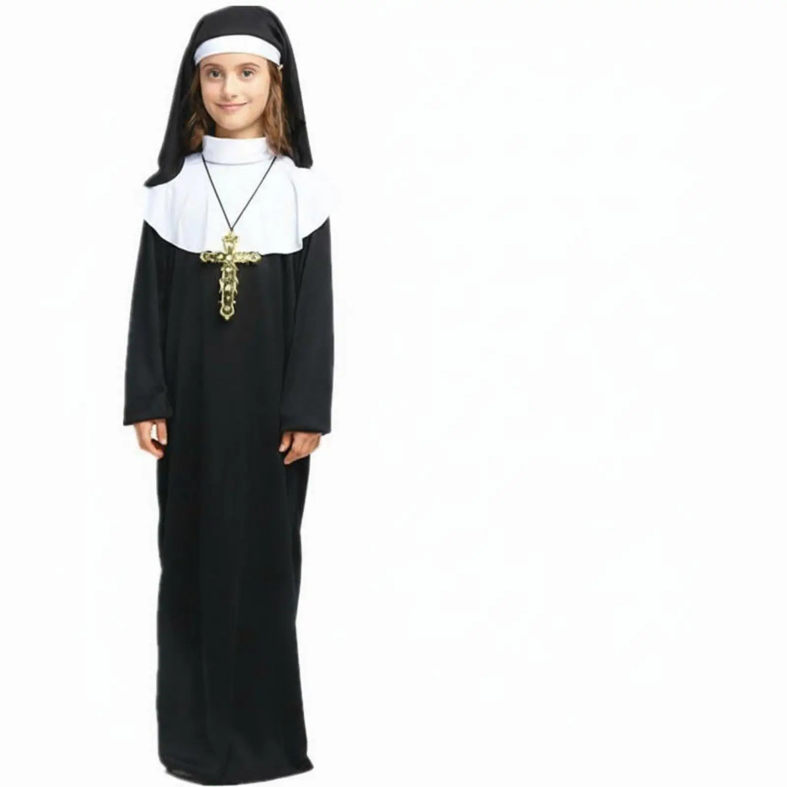 Kids Religious Nun Costume Comfortable Material Long Black Dress and Headpiece for Church Plays and Festivals