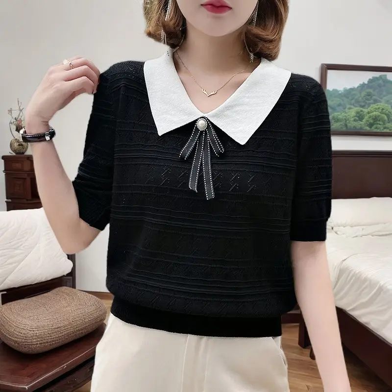 Summer 2025 Ice Silk Doll Collar Short-sleeved Knitted T-shirt for Women Keep Slim-fit Small Flutter Sleeves Blouse Top A225