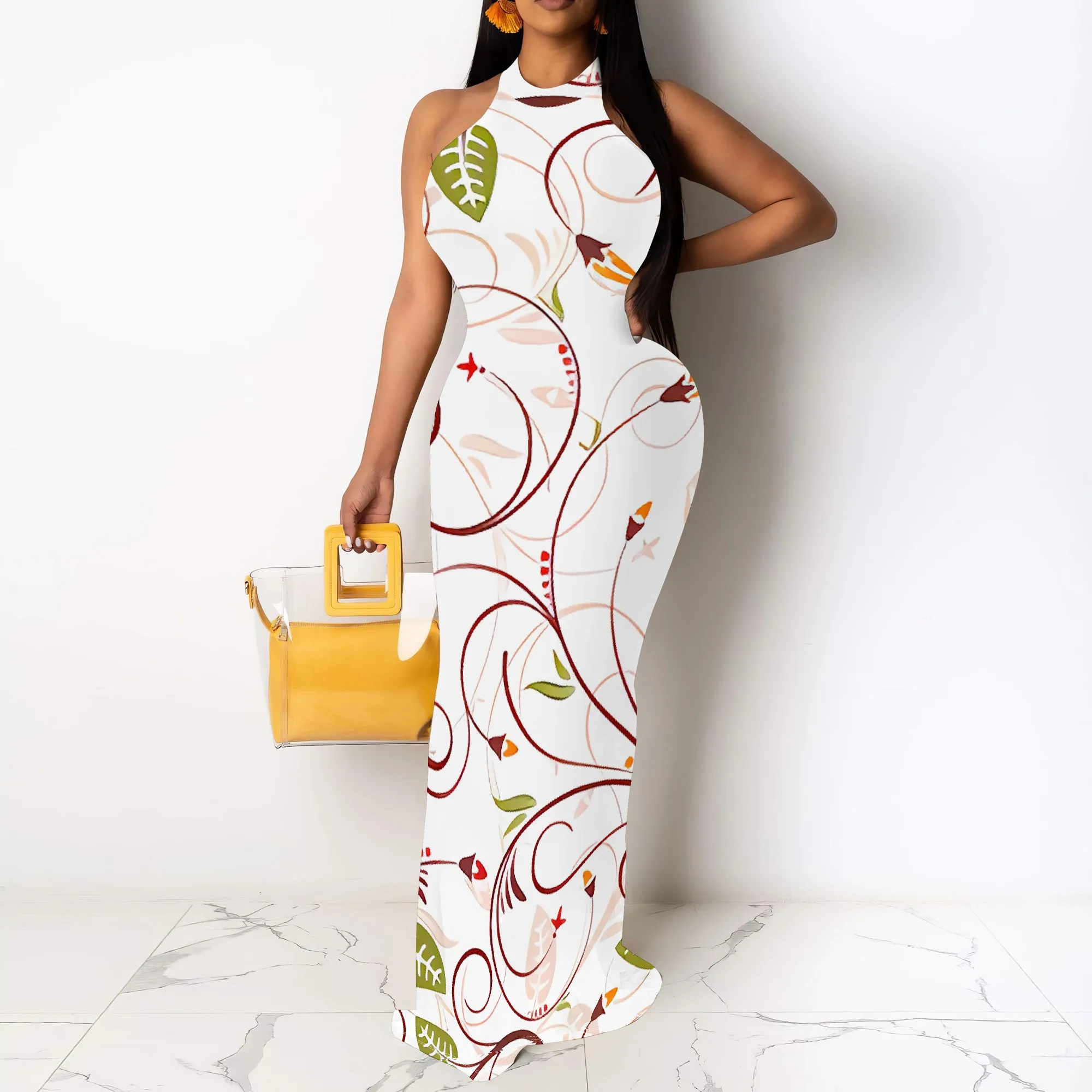 Sukienka maxi z dekoltem w serek, damska bez rękawów, letnia elegancka, długa sukienka z kwiatowym nadrukiem na wakacje na plaży