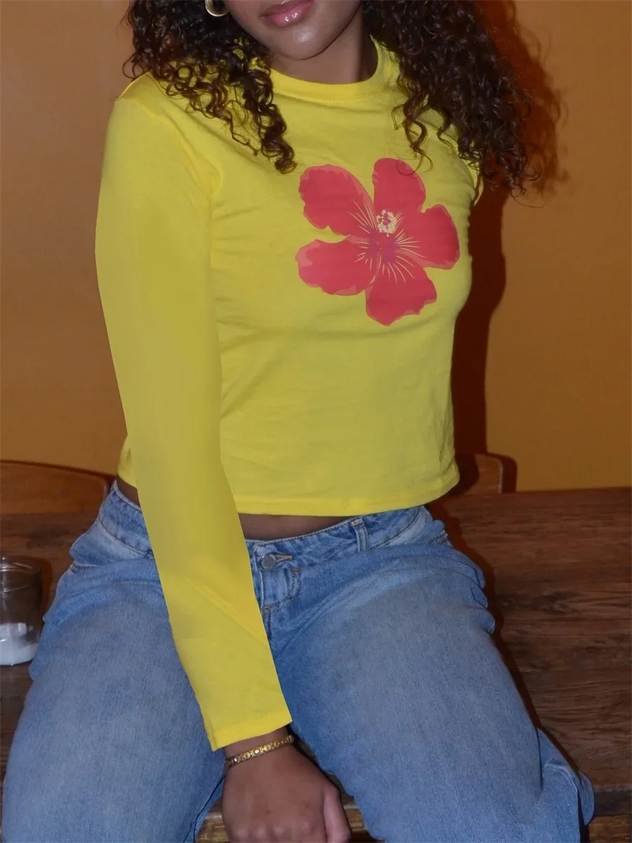 여성용 긴팔 티셔츠, 크루넥 플라워 프린트, 슬림핏 상의, 스트리트웨어, 여성용 튜브 탑, 패션